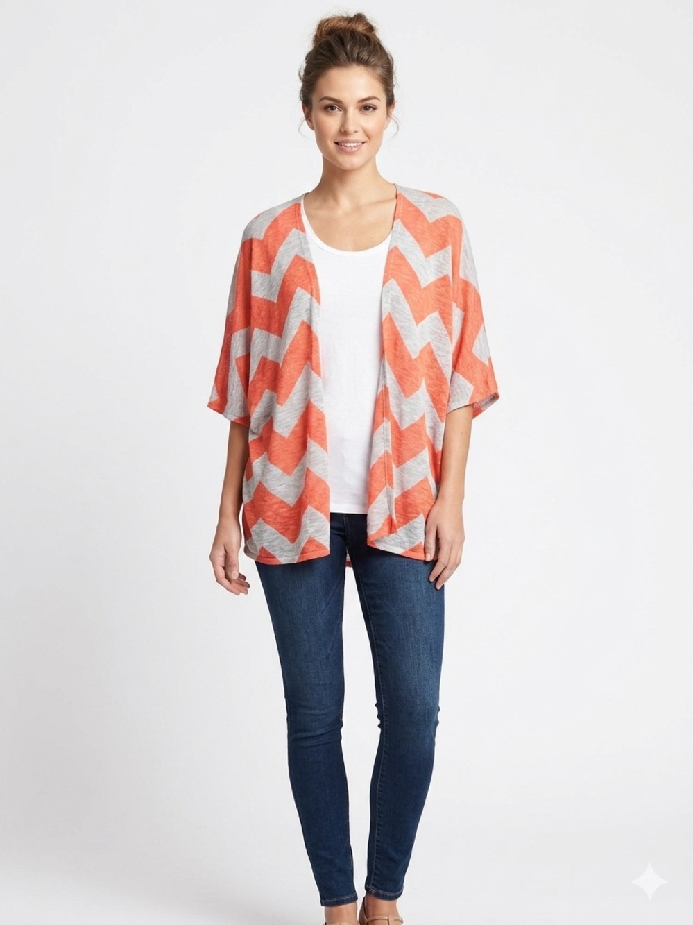 Maurices NWOT Chevron Coral and White Striped Lightweight Knit Open Cardigan